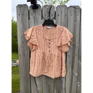Sweet Salt Peach Orange Textured Floral Ruffle Flutter Sleeve Babydoll Top Small